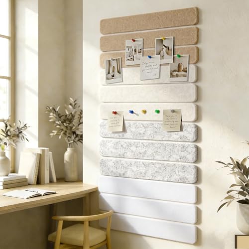12-Pack Cork Board Alternative Felt Strip Board 13"x2", 30 Push Pins, Adhesive Install for Walls, for Paste Notes, Photos, Office Home Classroom (Dark Camel, Light Camel, Silver Gray, Snow White) - Image 4