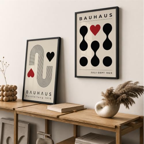Image of Suneree Bauhaus Wall Art Set of 2 Framed Paintings | Geometric Abstract Modern Art Poster Black Red | Living Room Office Contemporary Home Decor (Art 14, 13x19 Inches, Black)