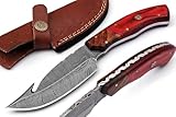 Hunting Knife with Leather Sheath 6-inches Full-tang Fixed Blade Tactical Handmade Damascus Knife, Ideal for Skinning, Outdoor Camping, Hiking, Hunting - Rosewood Handle EDC Bushcraft Knives, Brown