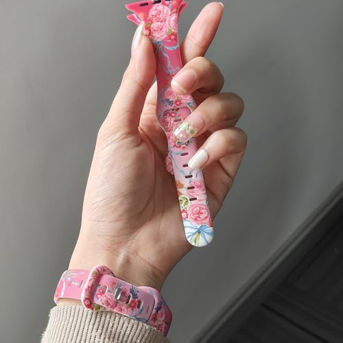Image of Sport Band Floral Printed Compatible with Apple Watch Bands 49mm 46mm 45mm 44mm 42mm 41mm 40mm 38mm Women, Silicone Flower Printed Fadeless Pattern Design Strap for iWatch Series10 9 8 7 6 5 4 3 2 1SE