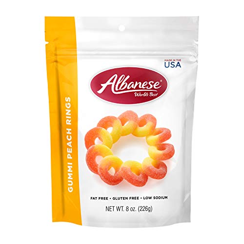 Albanese World's Best Gummi Peach Rings | 8oz of Candy | Gluten Free, Fat Free, Soft and Chewy Gummy | Perfect as a Drink Garnish for Parties, Including in a Dessert Bar, and Crafts with Kids