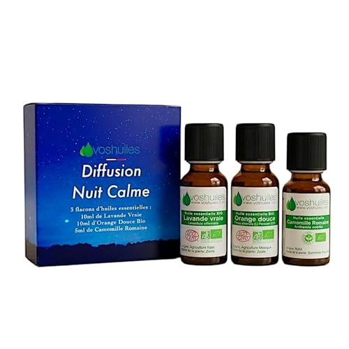 VOSHUILES - Kit Diffusion Nuit Calme - 2x10ml, 1x5ml - 3 Huiles Essentielles Lavande Vraie Orange Douce et Camomille Romaine - Relaxation et Sommeil Réparateur