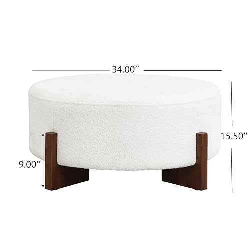 Christopher Knight Home Holmes Modern Boulce Upholstered Ottoman Coffee Table, Wooden Round Cocktail Ottoman, Large Living Room Sofa Footstool/Footrest, White+Walnut by Christopher Knight Home - Image 5