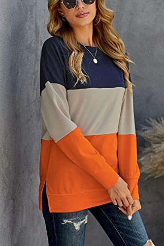 Cnfufen Long Sleeve Color Block Striped O Neck Blouse Lightweight Crewneck Sweatshirt Womens Fall Clothes Pullover Tops Orange Xl #TOP1