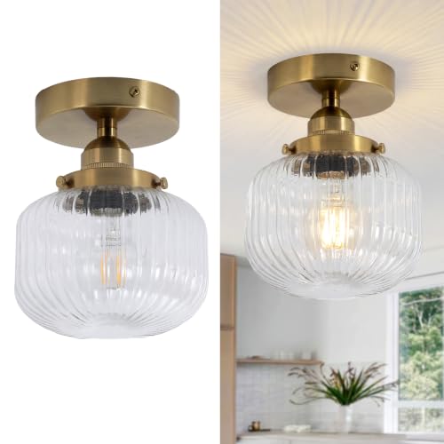 Image of KEESFU Gold Bronze Ceiling Light Fitting, Vintage Glass Semi Flush Mount Ceiling Light for Bedroom, Kitchen, Living Room, Hallway, Entryway