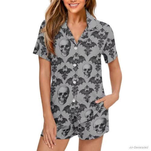 Image of Renewold Women's Short Sleeve Pajama Set Button Down Sleepwear with Notch Collar Soft Lounge Top and Shorts with Pockets