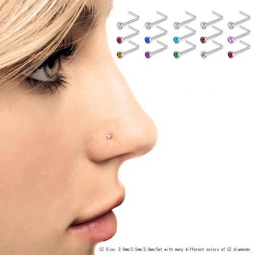 180Pcs 20G Surgical Stainless Steel Nose Rings Hoops Straight/L Shapes Nose Studs 2.0/2.5/3.0mm Cubic zirconia Hypoallergenic Nose Studs Silver Gold Rose Gold Black Rainbow Blue Lip Rings Nose Rings Piercing Jewelry Set for Women Men4