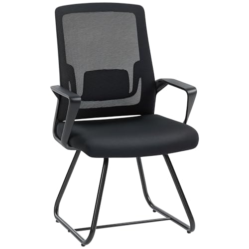 HOMCOM Desk Chair No Wheels Meeting Office Chair with Mesh Back Lumbar Support Metal Base and Armrests for Reception Waiting Room Conference Room Black