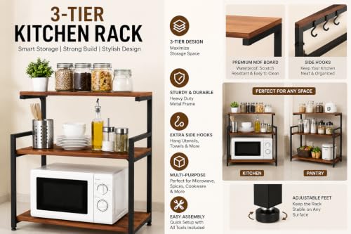 Image of REMANENCE D Series 3-Layer Microwave Stand, OTG Stand, Oven Kitchen Storage Shelf, Counter Top Spice Rack, Multipurpose Rack, Toaster Grill Organizer Stand for Microwave (Walnut Brown, Black Frame)