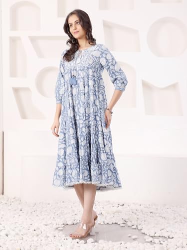 Image of SAVI Blue Cotton Printed Tiered Dress