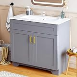 LDarqeer 36 Inch Bathroom Vanity with Ceramic Sink - Modern Farmhouse Style Sink Cabinet, Easy Tool-Free Installation, for Bathroom Remodel and Upgrade (Grey)
