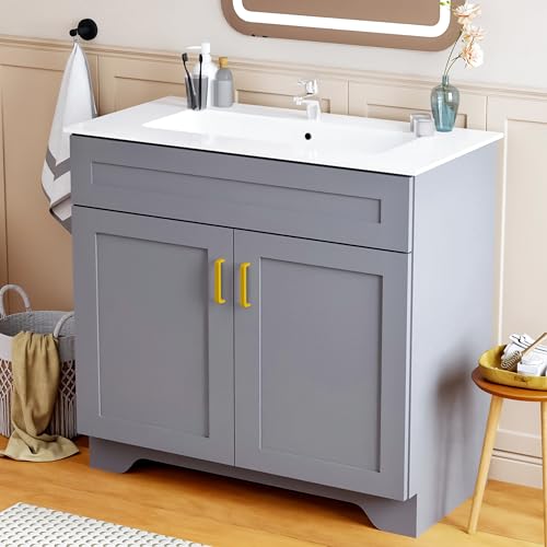 LDarqeer 36 Inch Bathroom Vanity with Ceramic Sink - Modern Farmhouse Style Sink Cabinet, Easy Tool-Free Installation, for Bathroom Remodel and Upgrade (Grey)