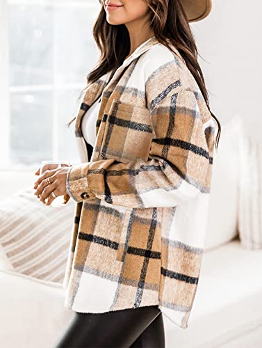 Womens Casual Plaid Brushed Flannel Button Down Pocketed Shirt Jacket Shackets Coats 6025 Kahki Small #TOP2