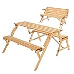 VEVOR Tavolo da Picnic Trasformabile Intercambiabile, Set Tavolo e Panca in Legno per Esterni, Panca Pieghevole Portatile con Foro per Ombrellone, Mobili da Pranzo per Patio per Giardino, Marrone