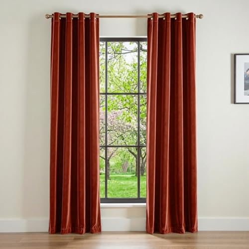 Image of Blackout Rust Red Velvet Curtains Grommet 52x90 Inch 2 Panels | Soft Velvet, For Bedroom & Living Space, Light Shifting Texture, Elegant Luxury Drape, Charming