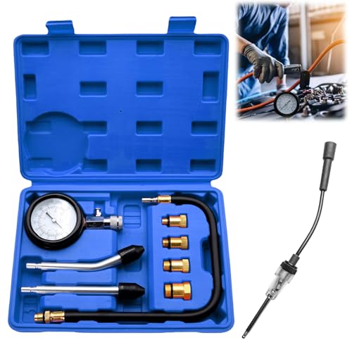 GAOUTO 9 unidades Comprobador de compresión con probador de bujías, comprobador de compresión, medidor de compresión con 4 adaptadores, 0-20 bar o 0-300 psi, medidor de presión M10, M12, M14, M18 para
