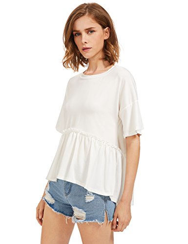 Romwe Women's Loose Ruffle Hem Short Sleeve High Low Peplum Blouse Top White M #TOP3