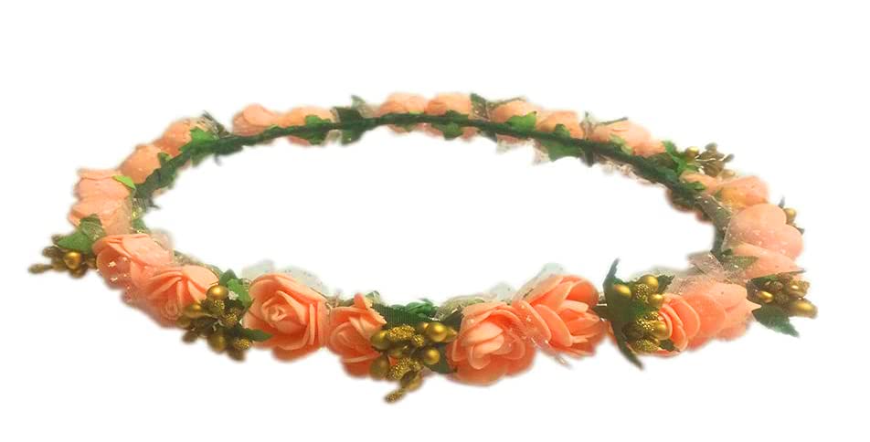 Women's Peach and Golden Fabric Tiara/Crown/Headband for Girls Hair Accessories for Birthday, Party-image-23
