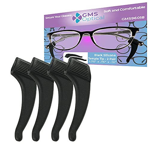GMS Optical Premium Grade Comfortable Silicone Anti-slip Holder for Glasses, Sunglasses, and Eye Wear - Ear Hook Eyeglass Temple Tip (2 pair - Black)