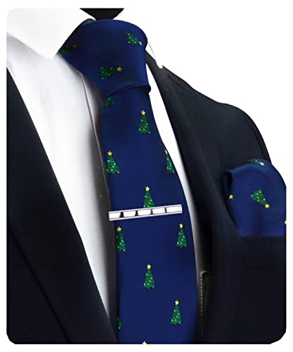 GUSLESON 3.15"(8cm) Christmas Tie Festival Necktie Pocket Square and Tie Clip Set with Gift Box, A-navy Blue/Christmas Tree, L