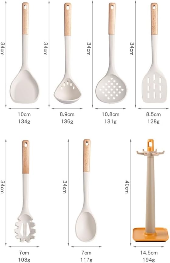 Silicone Cooking Kitchen Utensils Set, 7 Pcs Cooking Utensils Set with Holder, Heat Resistance, Wooden Handle Silicone Kitchen Utensil Set for Nonstick Cookware，White-One Size