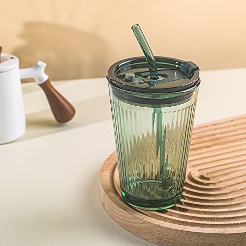 Lovwish Glass Tumbler With Straw And Lid,Green Glasses Water Cup With Straw For Adults,Colored Glass Drinking Jars For Juice Beverages Iced Coffee Tea Smoothie Soda Milk,15 Oz,Set Of 2,Dishwasher Safe #TOP5
