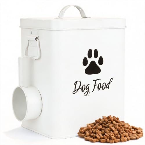 Himake Dog Food Container 6.6lb Cute Airtight Pet Treat Storage Containers with Metal Lid Scoop Metal Storage Bin for Dog/Cat Durable Airtight Great Gift for Pet Owners-White