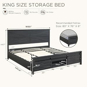JXQTLINGMU Farmhouse Wood Bed Frame King Size with Sliding Barn Door Storage Cabinets and Headboard, Solid Wood Slats Support, Noiseless, No Box Spring Needed, Black JXQTLINGMU Farmhouse Wood Bed Frame King Size with Sliding Barn Door Storage Cabinets and Headboard Solid Wood Slats Support Noiseless No Box Spring Needed Black