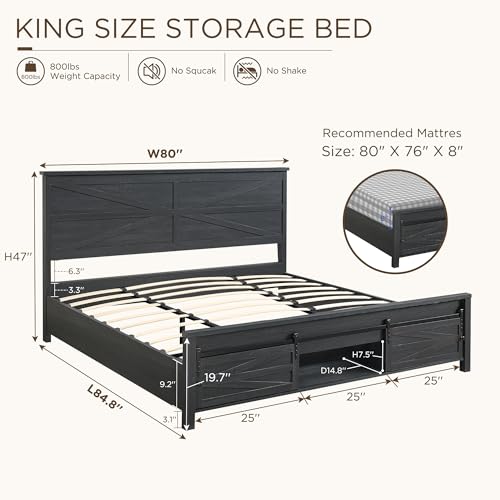 JXQTLINGMU-Farmhouse-Wood-Bed-Frame-King-Size-with-Sliding-Barn-Door-Storage-Cabinets-and-Headboard-Solid-Wood-Slats-Support-Noiseless-No-Box-Spring-Needed-Black JXQTLINGMU Farmhouse Wood Bed Frame King Size with Sliding Barn Door Storage Cabinets and Headboard Solid Wood Slats Support Noiseless No Box Spring Needed Black