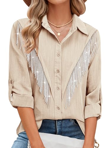 MYMORE Camisa con flecos brillantes para mujer, manga 3/4 con vuelta, abotonada, estilo vaquero, Nashville, concierto country, Large