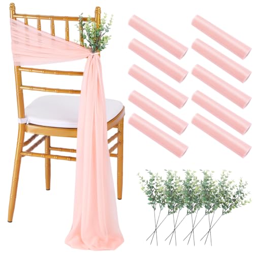 Blush Wedding Chair Sashes 10 Packs Sheer Fabric with Artificial Leaves