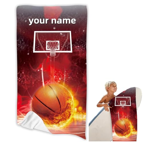 SHROUDEX Serviette de plage de basketball personnalisée avec nom, serviette de basket-ball personnalisée avec nom, serviette de bain pour garçon, serviette de plage en microfibre, grande, 90 x 180 cm