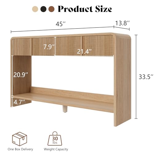 Image of AMERLIFE 45 inch Fluted Console Table with 2 Drawers and Open Shelf, Modern Entryway Table with Rounded Edges, Wood Sofa Table for Hallway, Foyer, Behind Couch, Living Room, Natural Oak
