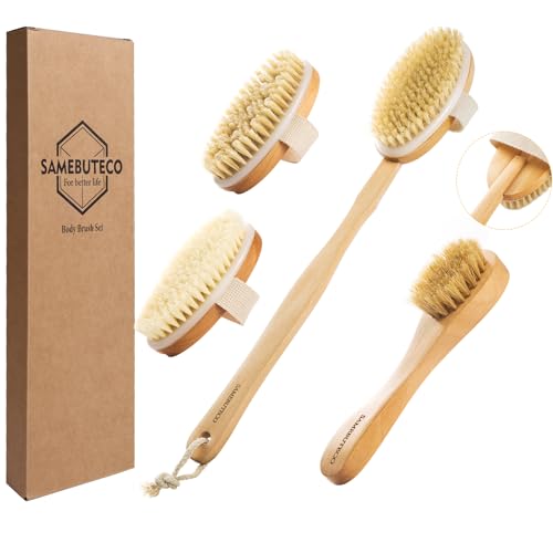 SAMEBUTECO Dry Brushing Body Brush Set with Long Handle, Natural Boar Bristle Body & Face Brush, Wooden Detachable Scrub Brush, 3 Brush Heads for Exfoliating & Body Care