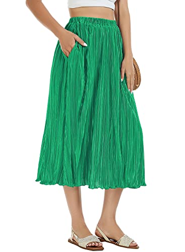Ranphee Green Midi Skirts For Women Summer Dressy Casual Trendy Elastic Waist Calf Length A Line Flowy Flare Ladies Skirt With Pockets S #TOP10