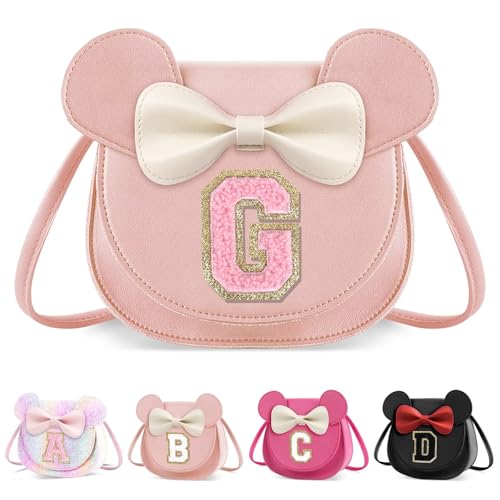 XSUIOY Toddler Purse Girl Wallet for Kids 2-9 Year Old Birthday Gifts,Cute Mouse Ear Bow Crossbody Shoulder Purses,Personalized Initial Purse Toddler Wallet Gifts for Little Girl(pink-G)