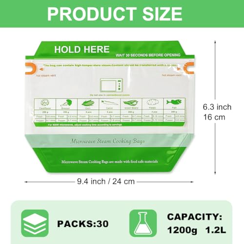 YQL 30PCS Microwave Steam Bags, Zipper Reusable Trapezoid Stand-Up Steamer Bags for Microwave Cooking Use, Steaming Frozen Food for Vegetables Potatoes, Fish and More (9.4\"x6.3\")