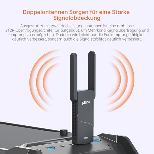 PLERY 2 in 1 WLAN Stick für PC WiFi 6 AX900 + BT 5.3 USB WLAN Bluetooth Adapter Dual Band 5GHz/2.4G, eingebauter Treiber, 2 * 6dBi Antenne, Kompatibel mit Windows 11/10, OFDMA+MU-MIMO, WPA3