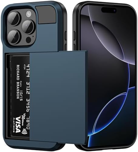 Vofolen for iPhone 16 Pro Case with Card Holder Dual Layer Heavy Duty Drop Protection Hidden Sliding Card Slot Slim Wallet Phone Case for iPhone 16 Pro for Women Men, 6.3 Inch Navy