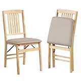 COSTWAY Folding Chairs Set of 2, Rubber Wood Counter Dining Chairs with Backrest & Padded Seat, Kitchen Office Conference Side Chair Seating (Linen Fabric Seat, Slatted Back, Beige + Natural)