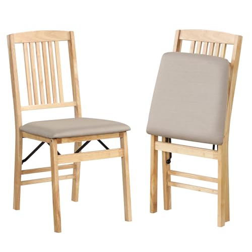 COSTWAY Folding Chairs Set of 2, Rubber Wood Counter Dining Chairs with Backrest & Padded Seat, Kitchen Office Conference Side Chair Seating, 180kg Weight Capacity (Linen Fabric Seat, Beige + Natural)
