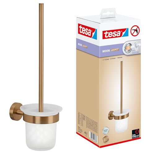tesa Moon Set de Baño - Escobilla y Soporte Autoadhesivo de Metal Revestido de PVD, Cepillados en Bronce - Base en Vidrio Satinado - sin Taladrar, Incl. Solución Adhesiva - 379 mm x 112 mm x 145 mm