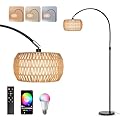 Arc Floor Lamp for Living Room with 3 Color Temperatures, Black Standing Lamp with Remote & RGB Bulb, Farmhouse Rattan Boho Floor Lamp Height Adjustable Corner Tall LED Floor Lamps for Bedroom Office