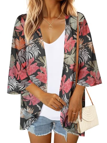 GKBK Women's Floral Print Puff Sleeve Kimono Cardigan Loose Cover Up Casual Blouse Summer Beach Swimwear Tops Black Coral XL