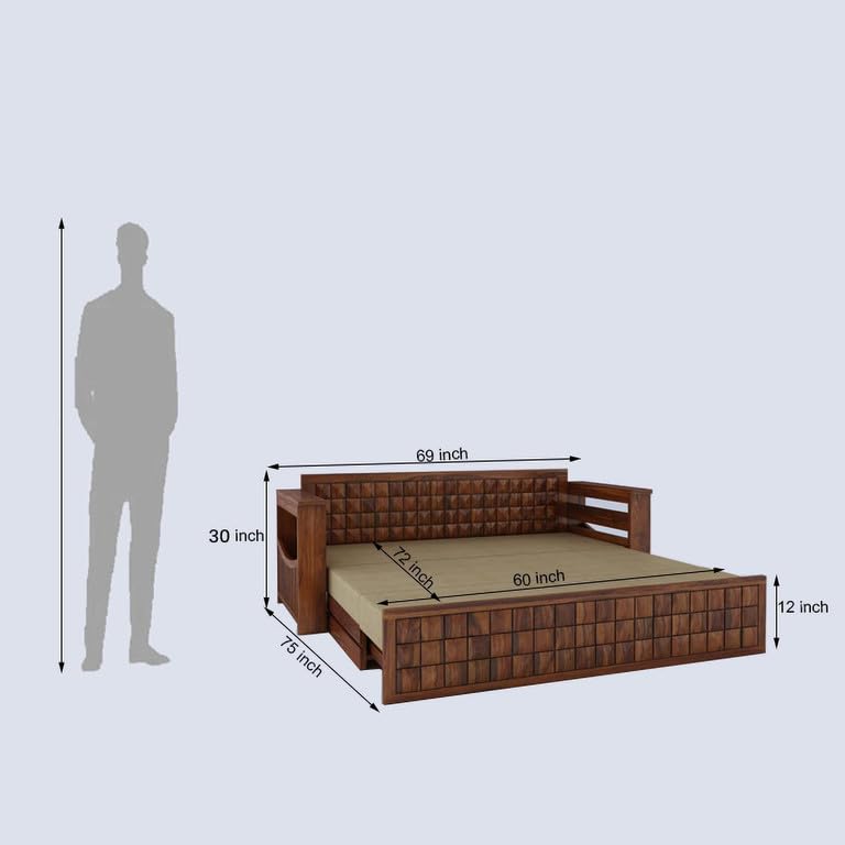 Image of Solid Sheesham Wood Sofa Cum Bed 2 Seater | Wooden Foldable Double Bed for Living Room with Storage | Bed Cum Sofa with Mattress for Home | Full Diamond Design (Honey Finish)
