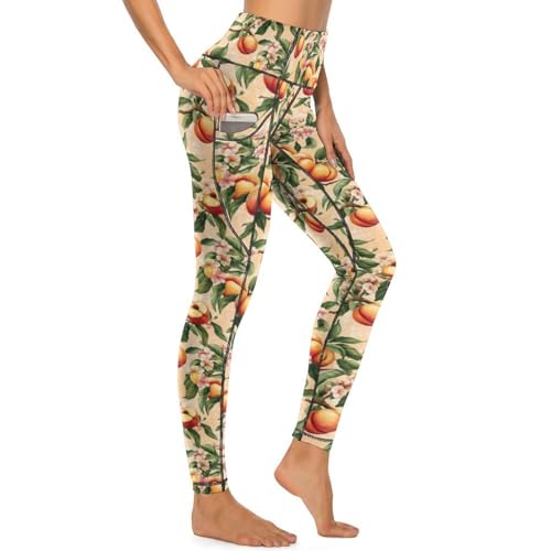 Pantalon de yoga taille haute extensible avec deux poches et motif imprimé pêche