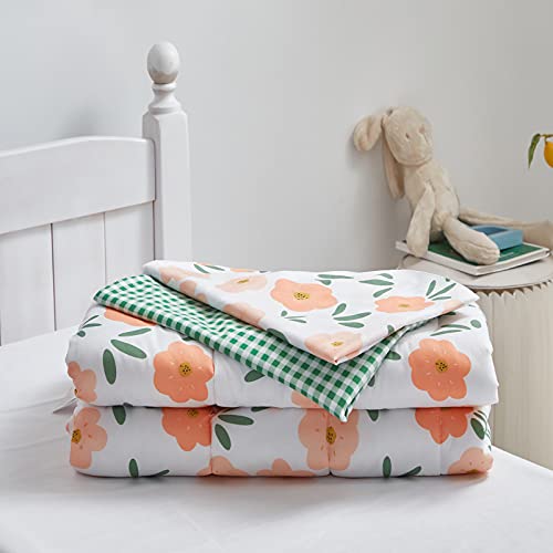 4 Pieces White Girls Toddler Bedding Set Orange Floral Style - Includes Adorable Quilted Flower Comforter, Green Plaid Fitted Sheet, Top Sheet, And Pillow Case For Girls Bed #TOP7