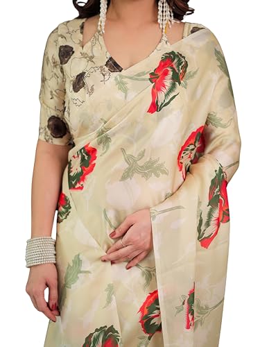 Image of ALMAARI FASHION Satin Georgette Floral Printed Saree with Blouse, 5.5 Meter Saree with 0.8 Meter Blouse, Traditional (SG 120 H)