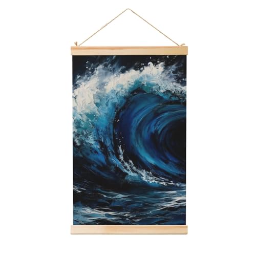 Toile art vintage vague bleue 50x75 cm avec suspension cintre bois