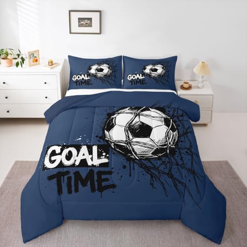 Image of Feelyou Soccer Kids Comforter Set Queen Size Soccer Ball Game Bedding Set Blue Gaming Sports Duvet Quilt for Kids Boys Girls Bedroom Gift for Football Lover Decor Microfiber Ultra Soft Breathable